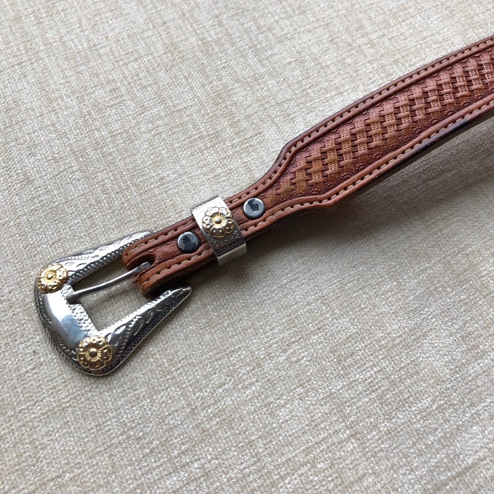 Vintage leather belt with gold and silver buckle